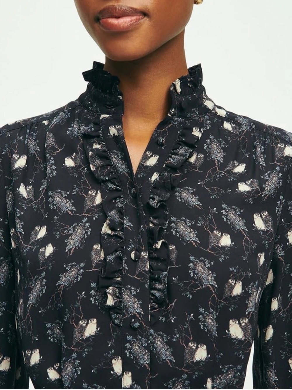 Brooks Brothers Long-Sleeve Black Floral Ruffle owl print Neck Dress. - Picture 4 of 14